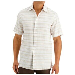 Tasso Elba Men's Short-Sleeve Striped Button-Down Shirt, White Beige, Small